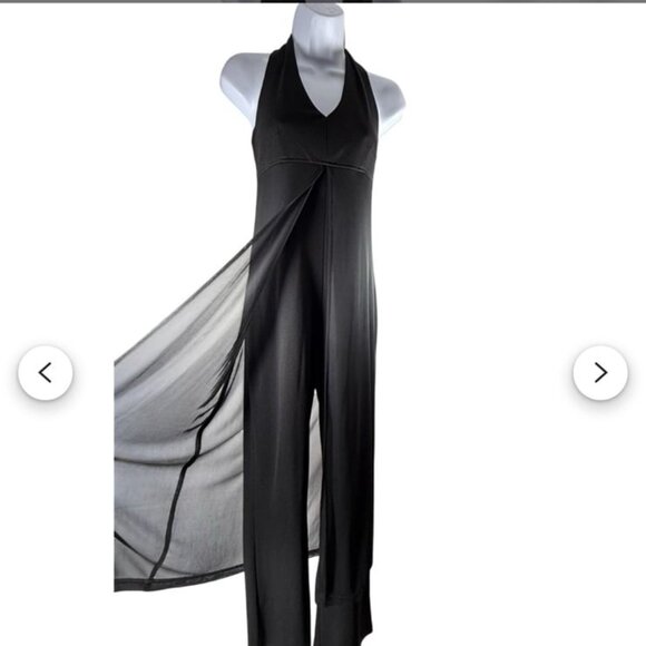 Vintage Black Halter Jumpsuit Chiffon Overlay Skirt & Open Back Design L ENT - Picture 2 of 11